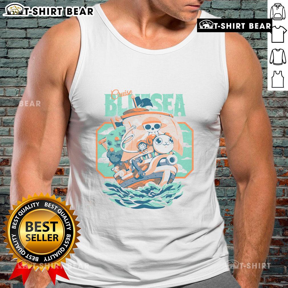 Cute Monkey D Luffy One Piece Blue Sea Cruise Tank Top Alt Text: Cute Monkey D. Luffy from One Piece wearing a blue sea cruise tank top, perfect for fans and summer adventures.