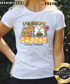Cute Neko Bento 'Happiness Is Homemade' Ladies Tee featuring adorable cat graphics and vibrant colors.