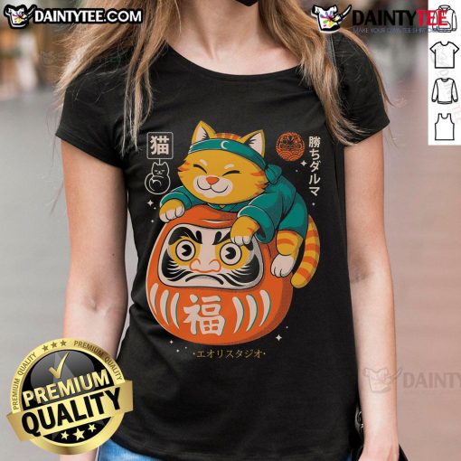 Alt Text: Cute Neko Daruma Hug Ladies Tee featuring an adorable cat design, perfect for casual and playful outfits.