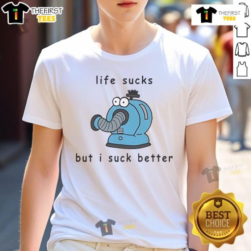 Alt Text: Cute Noo-Noo Life Sucks But I Suck Better T-Shirt design featuring playful graphics and bold text on a vibrant background.