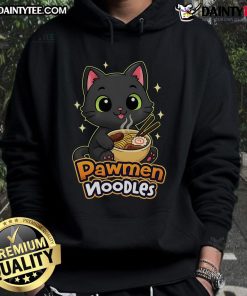 Adorable cat wearing a Cute Pawmen Noodles hoodie, showcasing a playful design and cozy fit for feline fashion lovers.