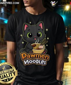 Alt Text: Cute Pawmen Noodles Cat T-Shirt featuring an adorable cat design and playful noodle graphics, perfect for cat lovers.