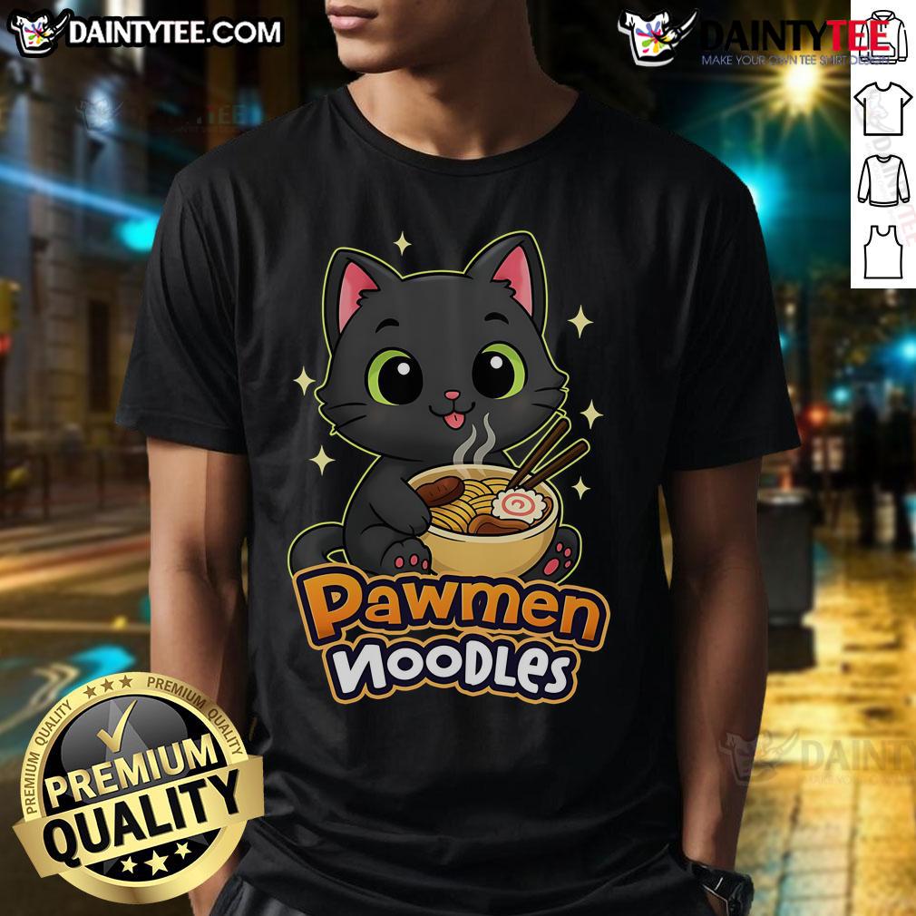 Cute Pawmen Noodles Cat T Shirt Alt Text: Cute Pawmen Noodles Cat T-Shirt featuring an adorable cat design and playful noodle graphics, perfect for cat lovers.
