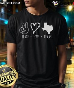 Cute Peace Love Texas Support Texas Pride T-Shirt featuring a colorful design with hearts and the Texas flag.