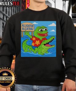 Alt Text: Cute Pepe the Frog Alligator Alcatraz sweatshirt featuring vibrant graphics and a playful design ideal for casual wear.
