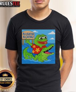 Adorable Pepe the Frog alligator graphic on a stylish Alcatraz T-shirt, perfect for casual wear and meme lovers.