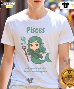 Alt Text: Cute Pisces the Water Nymph t-shirt featuring a gentle soul with bubble-based vengeance design. Perfect for zodiac lovers!