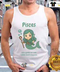 Alt Text: Cute Pisces the Water Nymph tank top featuring a gentle soul design with bubble-based vengeance motif.