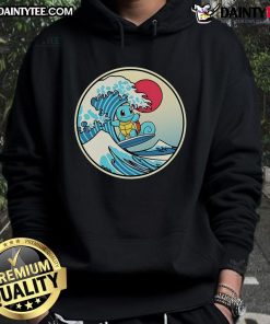 Alt Text: Cute Pokemon Squirtle surfing a wave on a hoodie, perfect for fans of Pokemon and beach vibes.