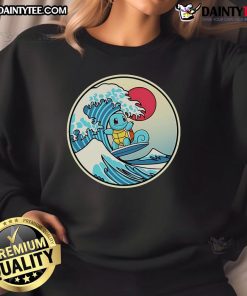 Cute Pokmon Squirtle surfing a water wave on a cozy sweatshirt, perfect for fans and casual wear.