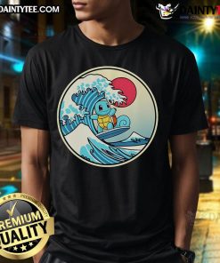 Alt Text: Cute Pokmon Squirtle surfing a vibrant water wave on a stylish t-shirt, perfect for Pokmon fans and beach lovers.