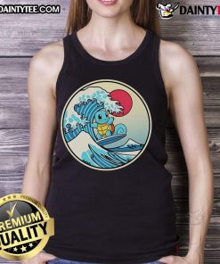 Alt Text: Cute Squirtle surfing a water wave on a stylish tank top, perfect for Pokemon fans and summer adventures.