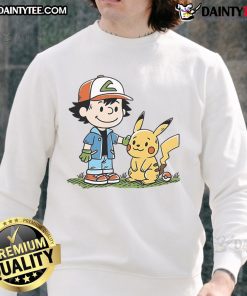 Alt Text: Cute Pokmon sweatshirt featuring strong friendship theme with adorable Peanuts characters, perfect for fans.