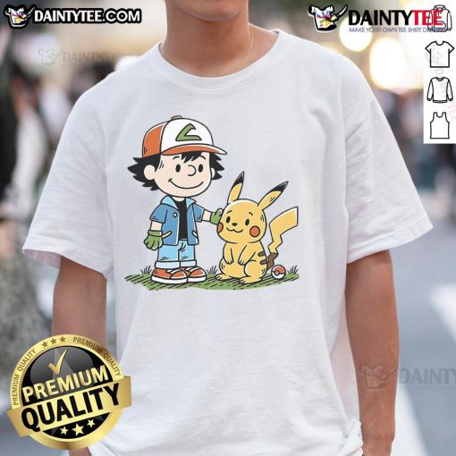 Adorable Cute Pokemon Strong Friendship Peanuts T-Shirt featuring beloved Pokemon characters in a playful design.