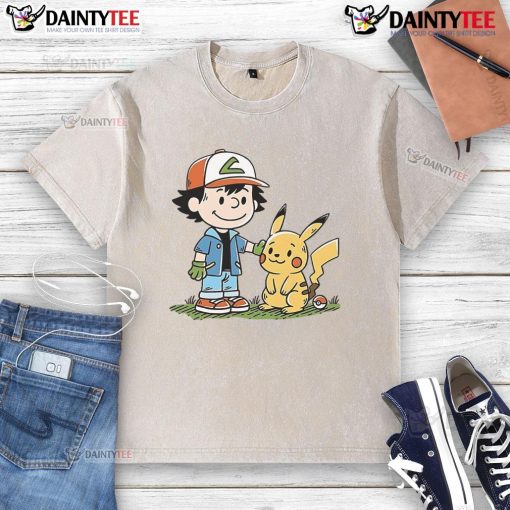 Alt Text: Cute Pokmon Strong Friendship Peanuts Washed T-Shirt featuring vibrant characters and a playful design.