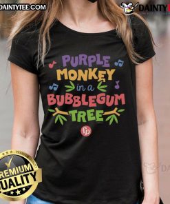 Cute purple monkey in a bubblegum tree on a ladies tee, perfect for playful and vibrant fashion lovers.