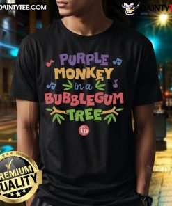 Cute purple monkey sitting in a bubblegum tree on a trendy t-shirt, perfect for animal lovers and vibrant fashion.