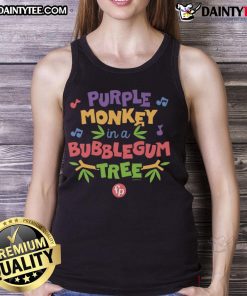 Cute purple monkey in a bubblegum tree tank top, playfully posing against a vibrant, colorful background.