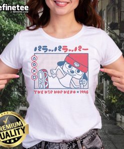 Alt Text: Cute Rappa Dog the Hip Hop Hero 1996 ladies tee featuring a playful dog in hip-hop attire, perfect for dog lovers.