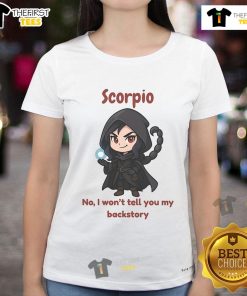 Alt Text: Cute Scorpio the Dark Sorcerer ladies' tee featuring a whimsical design and playful text about mysterious backstories.