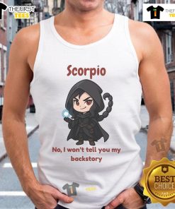 Cute Scorpio the Dark Sorcerer tank top featuring whimsical design and playful quote about secrets.