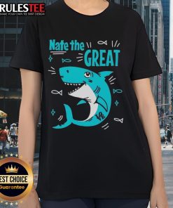 Cute shark graphic on Nate The Great ladies tee, perfect for fun summer outfits and ocean lovers.