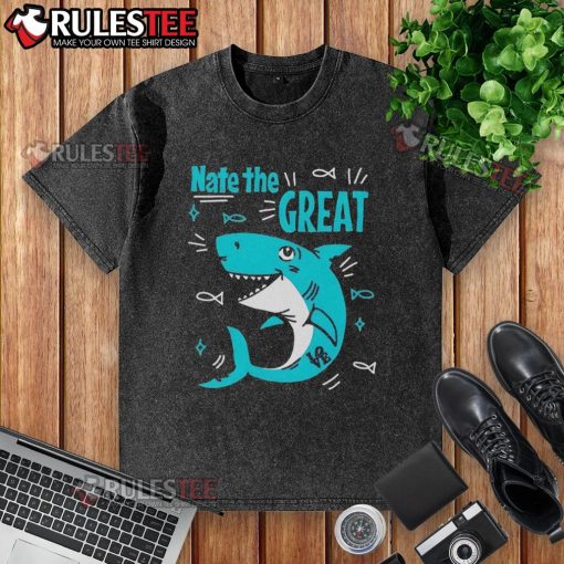 Alt Text: Cute Shark Nate The Great washed t-shirt featuring a playful shark design, perfect for kids' casual wear.
