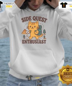 Alt Text: Adorable cat wearing a Cute Side Quest Enthusiast hiking hoodie, exploring a scenic trail in nature.