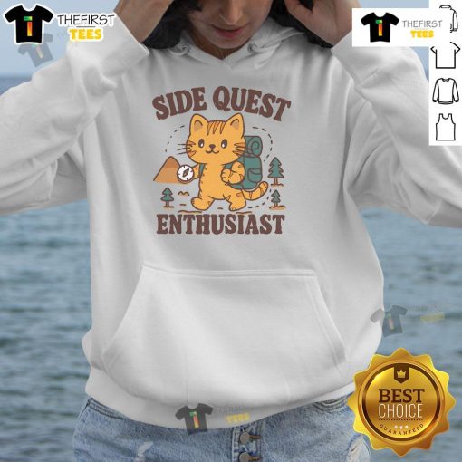 Alt Text: Adorable cat wearing a Cute Side Quest Enthusiast hiking hoodie, exploring a scenic trail in nature.