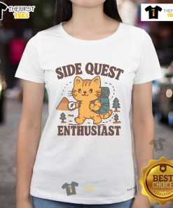 Adorable cat lady wearing a Cute Side Quest Enthusiast hiking tee, surrounded by nature on a sunny trail.