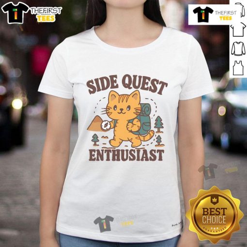 Adorable cat lady wearing a Cute Side Quest Enthusiast hiking tee, surrounded by nature on a sunny trail.