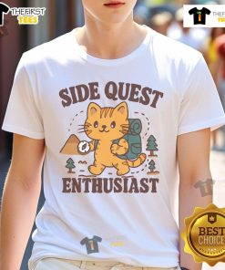 Adorable cat graphic on a hiking-themed T-shirt for side quest enthusiasts, perfect for outdoor lovers and gamers.