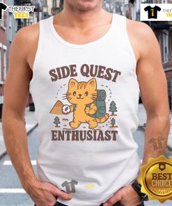 Alt Text: Adorable cat in a tank top, ready for a cute side quest adventure while hiking outdoors. Perfect for feline fans!