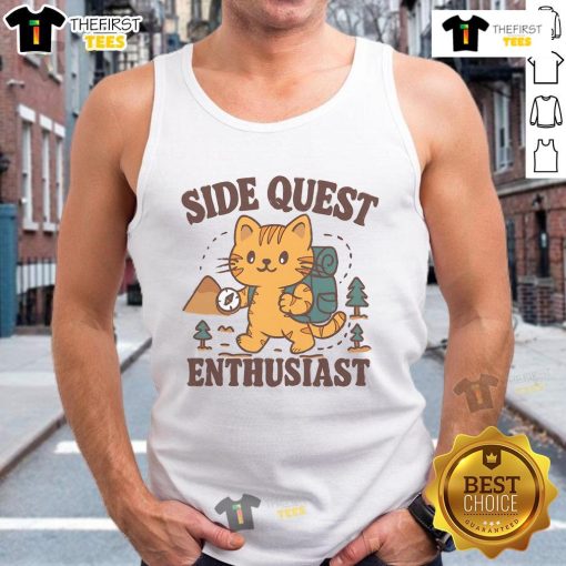 Alt Text: Adorable cat in a tank top, ready for a cute side quest adventure while hiking outdoors. Perfect for feline fans!