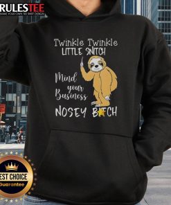 Alt Text: Adorable sloth wearing a 'Twinkle Twinkle Little Snitch Mind Your Business' hoodie, perfect for cozy, fun fashion.