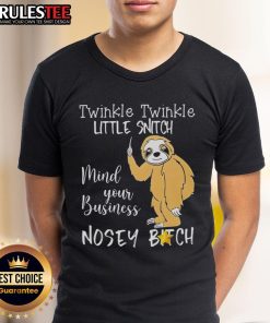 Alt Text: Cute sloth wearing a 'Twinkle Twinkle Little Snitch Mind Your Business' T-shirt, perfect for animal lovers.