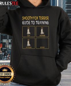 Adorable Smooth Fox Terrier wearing a hoodie, showcasing training tips for sit, down, fetch, and stay commands.