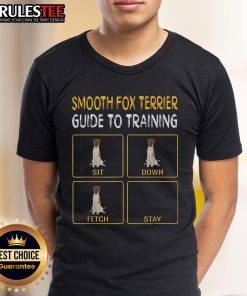 Adorable Smooth Fox Terrier graphic on a training T-shirt, featuring commands: Sit, Down, Fetch, Stay. Perfect for dog lovers!