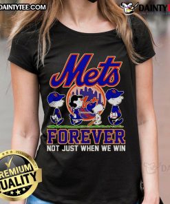 Alt Text: Cute Snoopy and Peanuts New York Mets Forever Tee for women, celebrating team spirit and fun cartoon design.