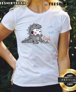 Cute Snoopy in a Godzilla disguise on a stylish ladies tee, perfect for fans of unique, fun graphic shirts.