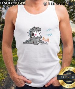 Adorable Snoopy in a Godzilla disguise on a trendy tank top, perfect for casual summer wear and cartoon lovers.