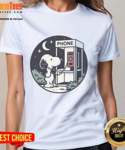 Cute Snoopy doggy phone home ladies tee featuring an adorable graphic of Snoopy on a stylish t-shirt for women.