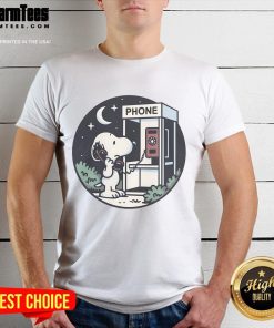 Alt Text: Cute Snoopy Doggy Phone Home T-Shirt featuring a whimsical Snoopy graphic in vibrant colors on a stylish tee.