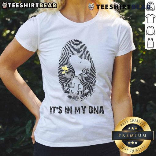 Alt Text: Cute Snoopy It's In My DNA ladies tee featuring a playful design perfect for dog lovers and casual wear.