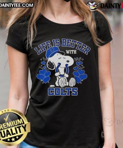 Alt Text: Cute Snoopy graphic on a stylish Indianapolis Colts ladies tee, perfect for fans showcasing team spirit.