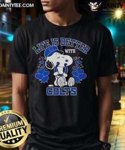 Alt Text: Cute Snoopy wearing an Indianapolis Colts t-shirt, showcasing the phrase 'Life Is Better With Indianapolis Colts'.