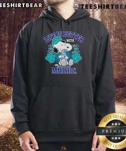 Cute Snoopy in a Mariners hoodie, showcasing the fun message 'Life Is Better With Mariners' for fans and collectors.