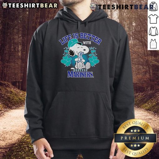 Cute Snoopy in a Mariners hoodie, showcasing the fun message 'Life Is Better With Mariners' for fans and collectors.