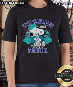 Alt Text: Cute Snoopy graphic on a ladies tee, featuring 'Life Is Better With Mariners' design for baseball fans.