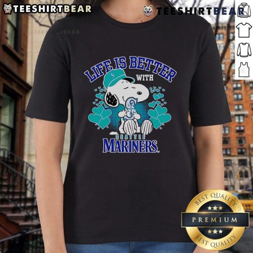 Alt Text: Cute Snoopy graphic on a ladies tee, featuring 'Life Is Better With Mariners' design for baseball fans.